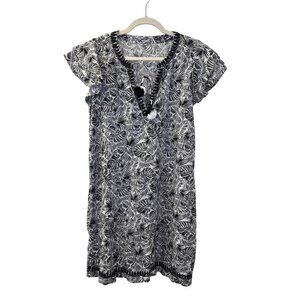 Vineyard Vines 100% Linen Palm Leaves Linen Shift Dress In Jet Black Palms Size